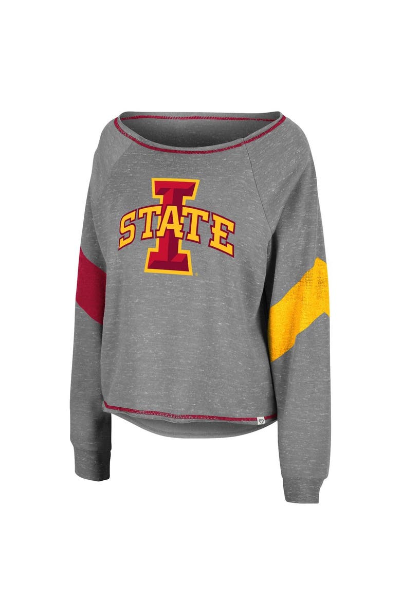 COLOSSEUM Women's Colosseum Heather Gray Iowa State Cyclones Amped Chevron Stripe Raglan Boat Neck Pullover Sweatshirt, Alternate, color,