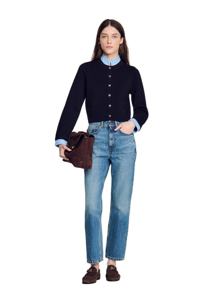 Two-tone origami collar cardigan, Alternate, color, Navy blue