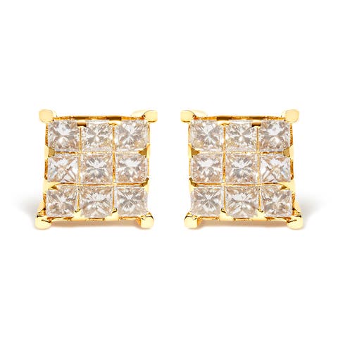 14K Yellow Gold 1 1/2 Cttw Princess-Cut Diamond Square Stud Earrings