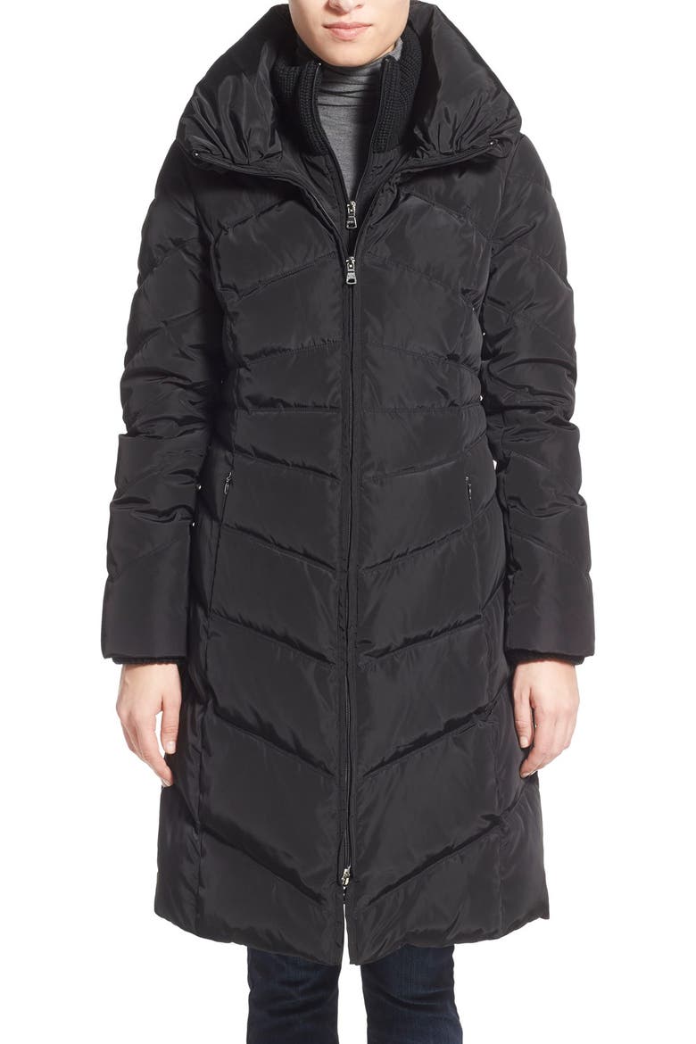 Knit Trim Down & Feather Fill Coat, Main, color, BLACK