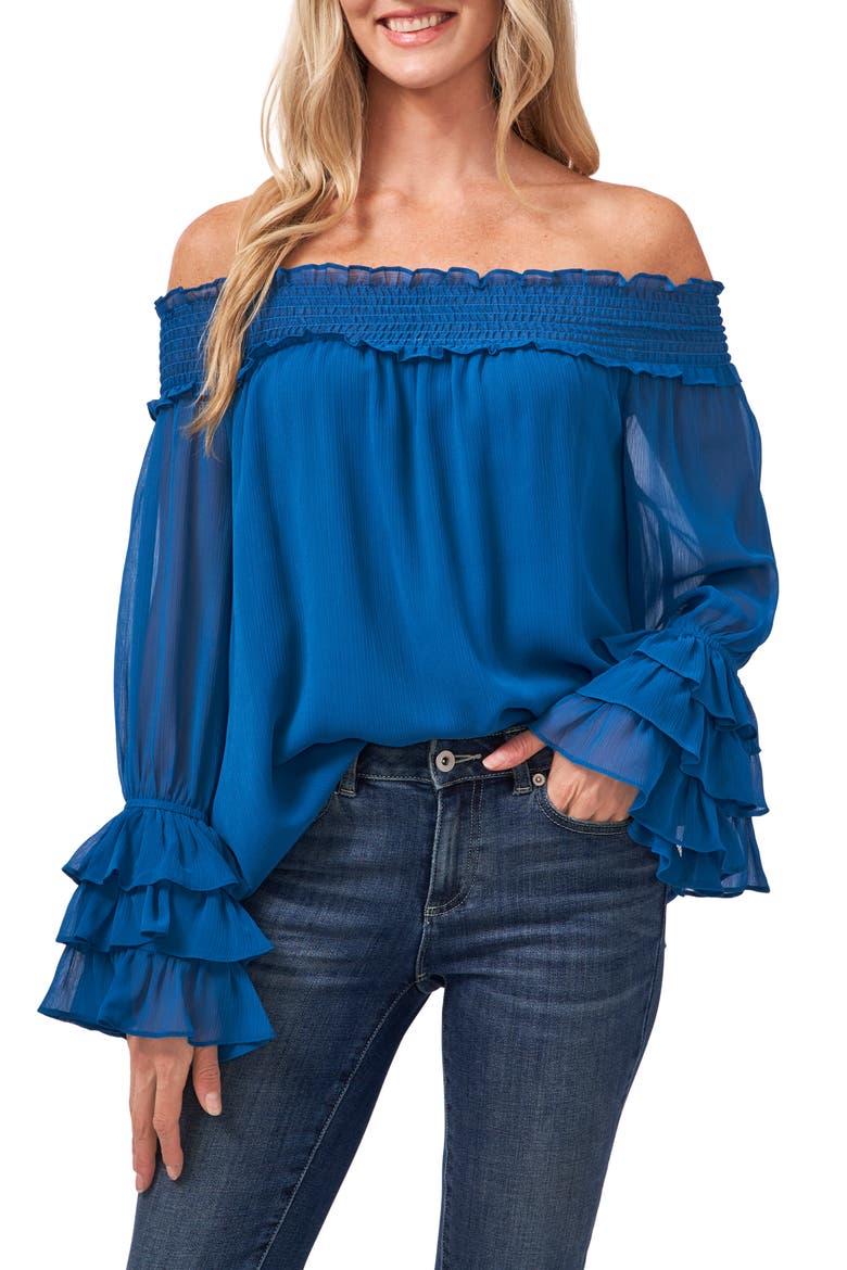 Off the Shoulder Ruffle Cuff Blouse, Main, color, SAPPHIRE SKY