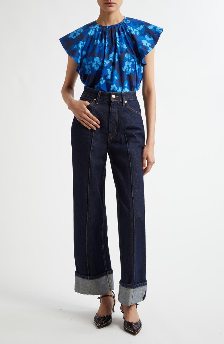 Ulla Johnson Rumi Print Flutter Sleeve Top, Alternate, color, Azure