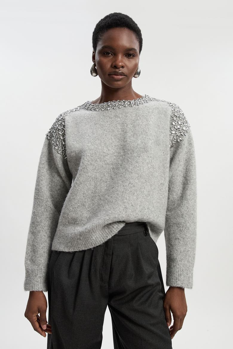 Embellished Trim Cosy Knit Jumper, Main, color, Grey