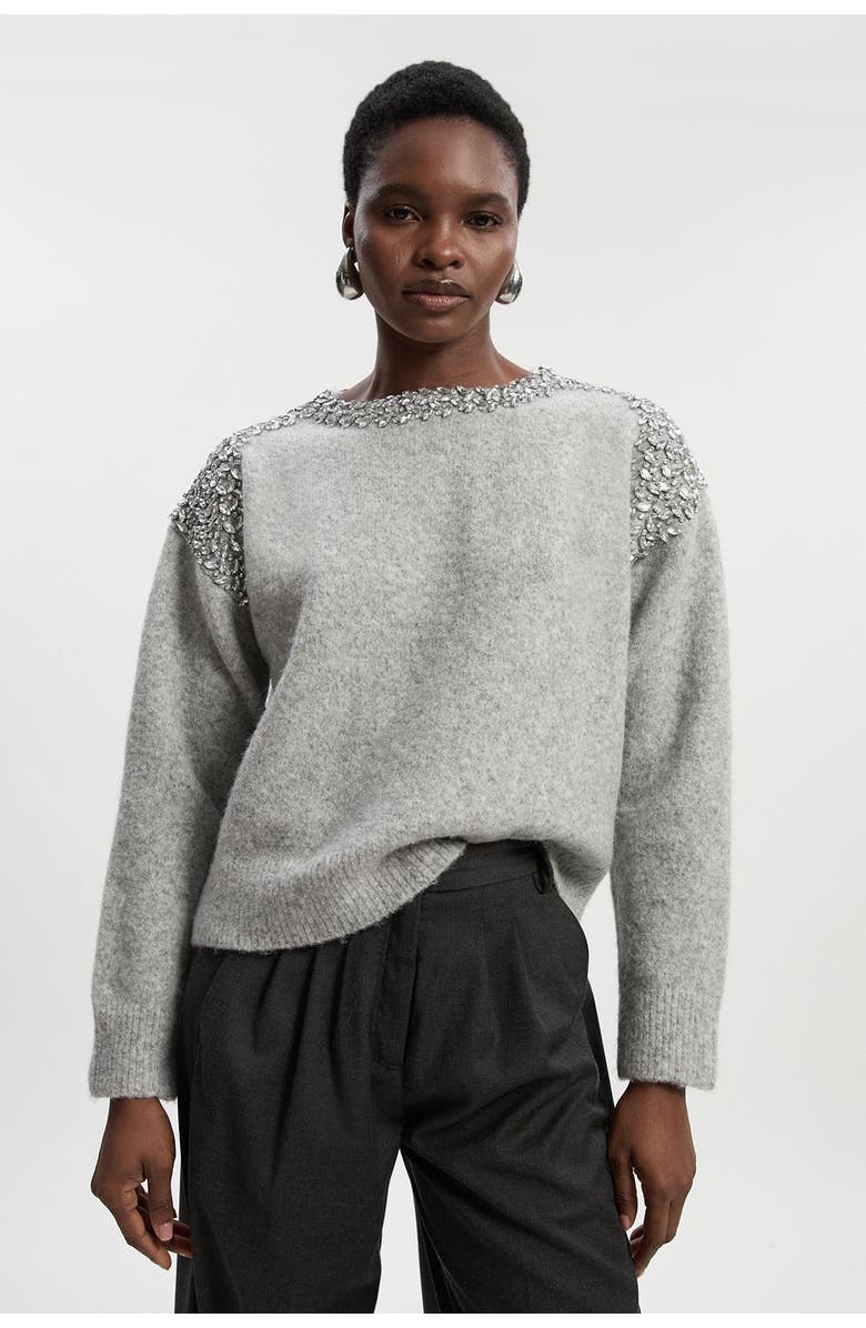 Karen Millen Embellished Trim Cosy Knit Jumper, Main, color, Grey