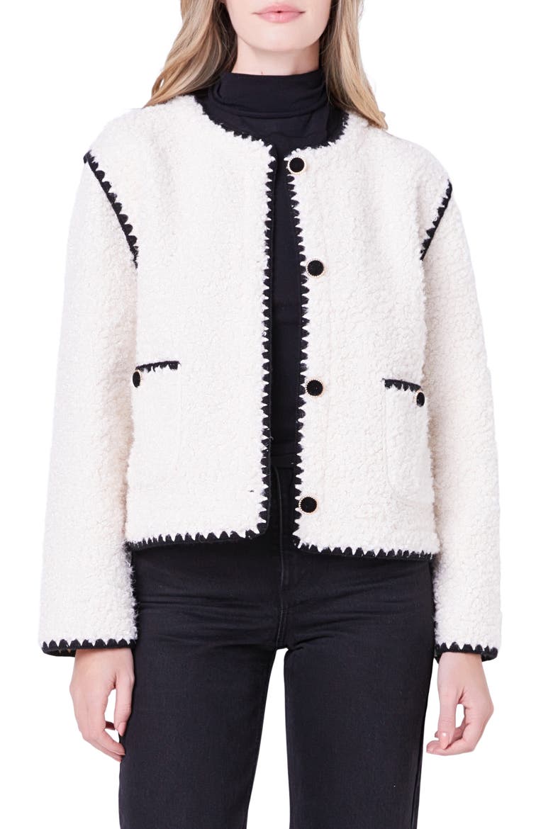 Premium Contrast Trim Faux Shearling Jacket, Main, color, IVORY/ BLACK