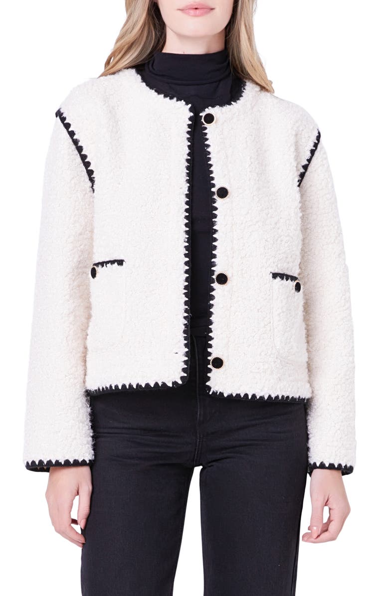 English Factory Premium Contrast Trim Faux Shearling Jacket, Main, color, Ivory/ Black