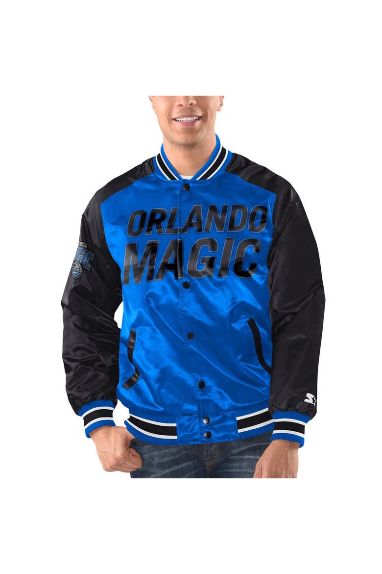 Men's Starter Blue/Black Orlando Magic Renegade Satin Full-Snap Varsity Jacket, Main, color, Blue