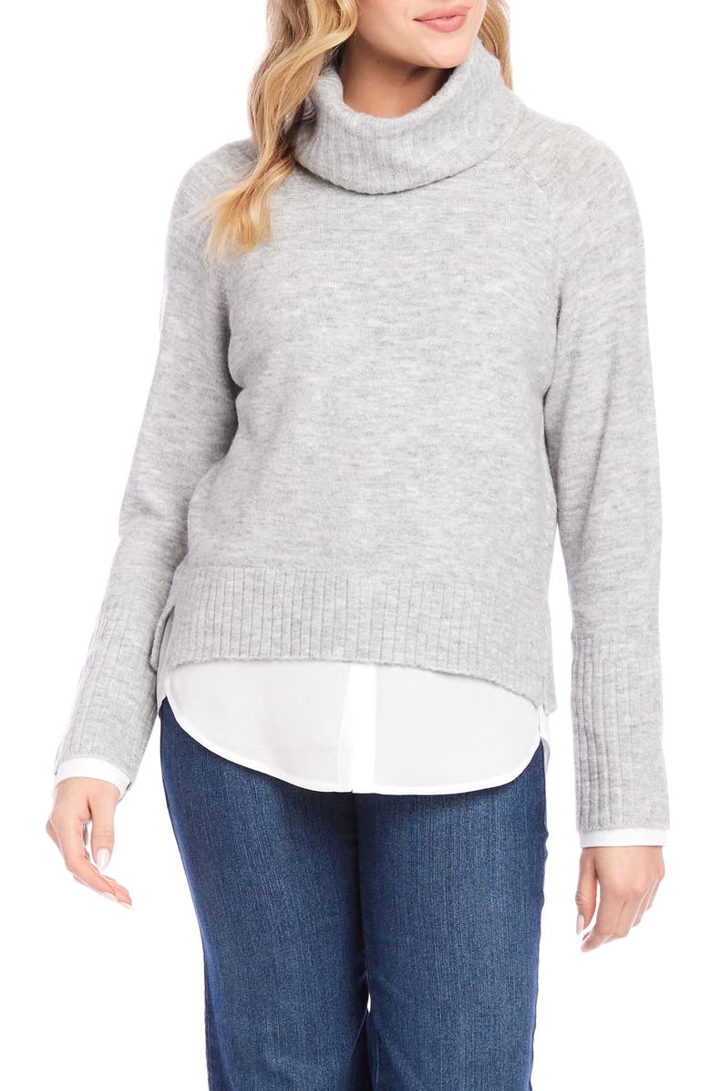 Karen Kane Mixed Media Layered Turtleneck Sweater, Main, color, Light Heather Grey