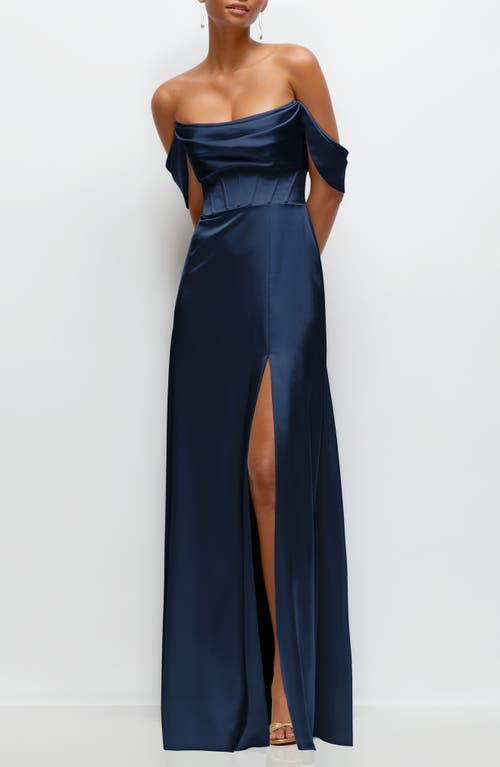Shop After Six Off The Shoulder Satin Charmeuse Gown With Removable Sleeves In Midnight