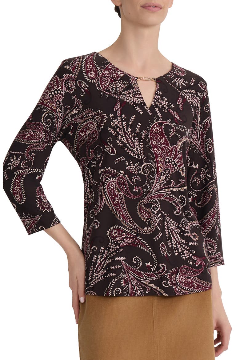 Keyhole Three-Quarter Sleeve Crepe Top, Main, color, COFFEE BEAN MULTI