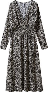 MANGO Smocked Long Sleeve Midi Dress