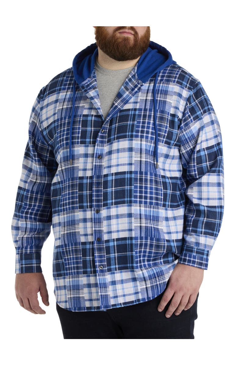 True Nation by DXL Big & Tall Plaid Hooded Flannel Sport Shirt, Alternate, color, Blue Multi