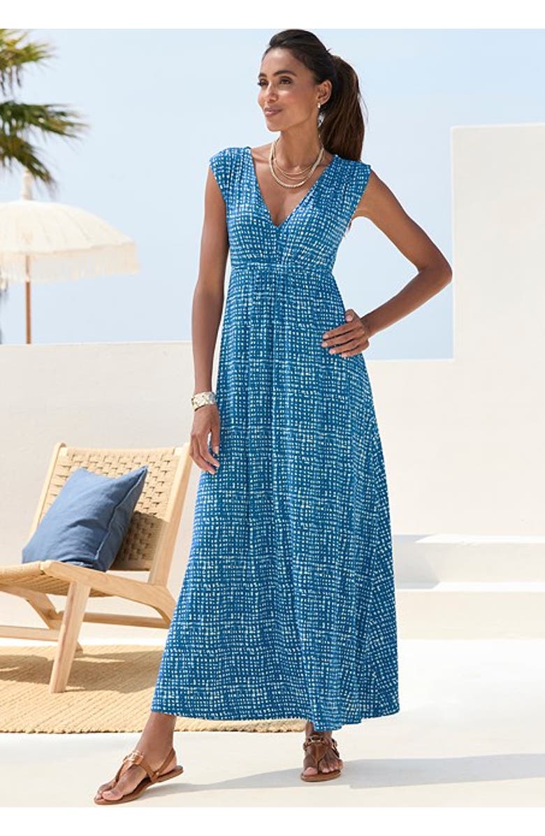 LASCANA Women's Print V-Neck Maxi Dress, Alternate, color, Blue-Printed