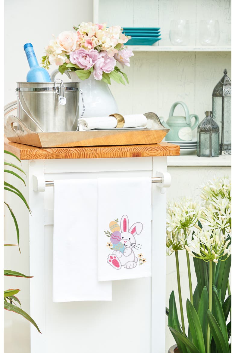 Easter Bunny Rabbit Egg Hunt Embroidered Cotton Flour Sack Kitchen Dishtowel, Alternate, color, White