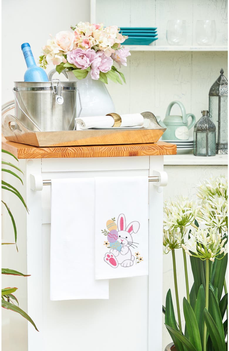 C&F Home Easter Bunny Rabbit Egg Hunt Embroidered Cotton Flour Sack Kitchen Dishtowel, Alternate, color, White