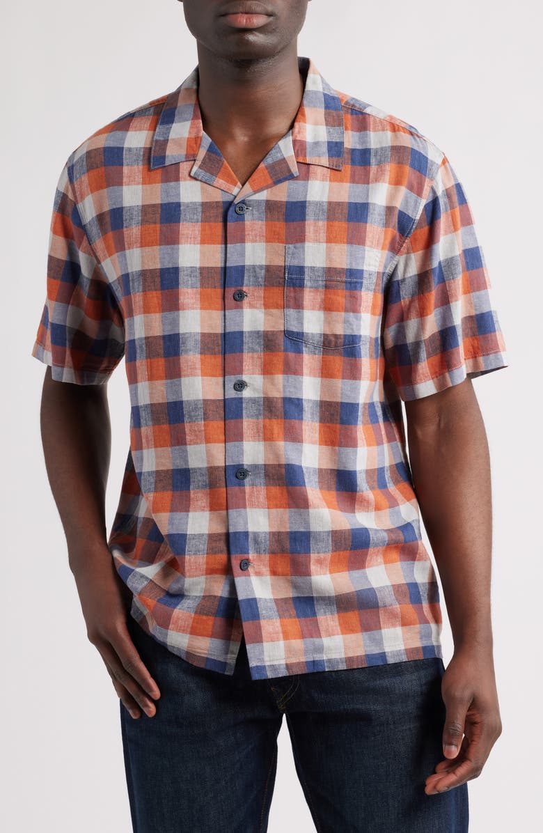 Pendleton Plaid Linen Blend Camp Shirt, Main, color, Navy/ Ochre Check