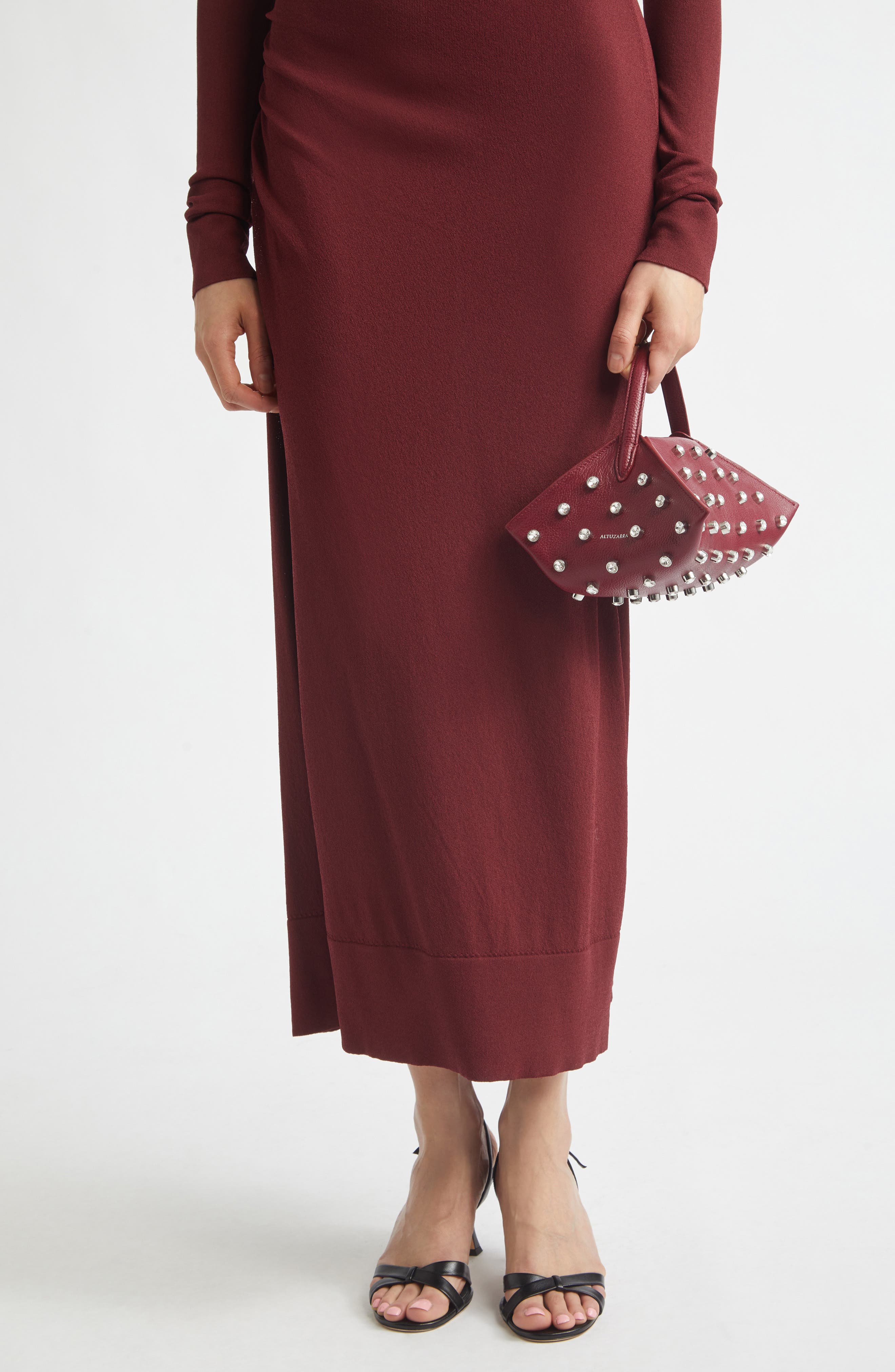 Origami Embellished Leather Baguette Bag, Alternate, color, GRENACHE / CRYSTAL