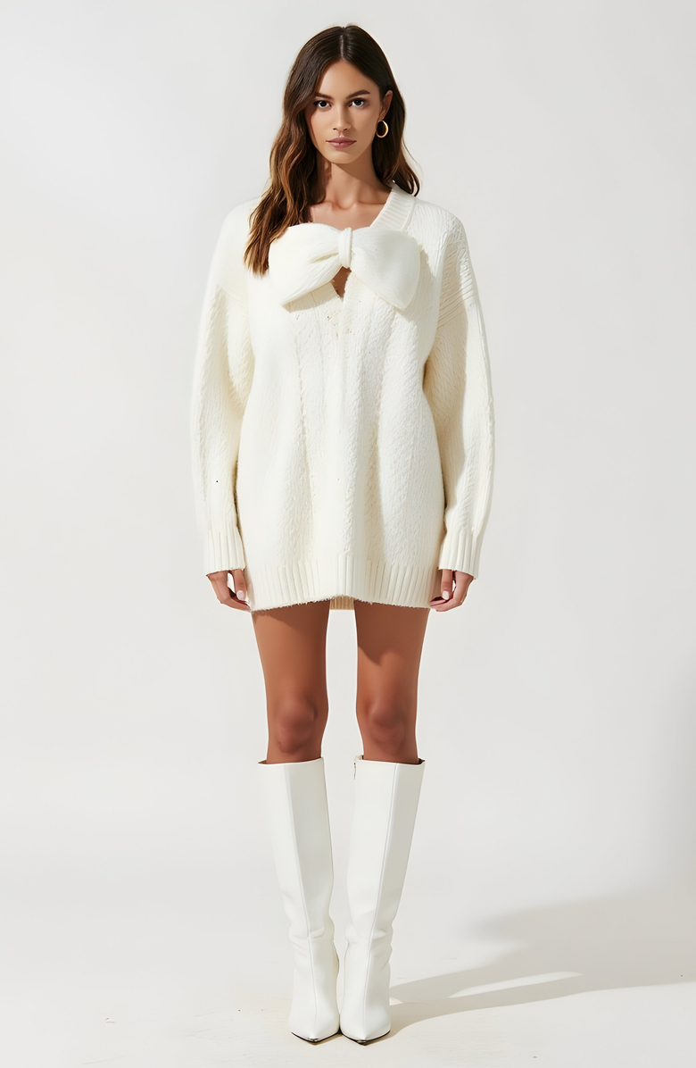 Modenaire Oversized Knit Sweater Dress with Statement Bow and Ribbed Trim, Main, color,