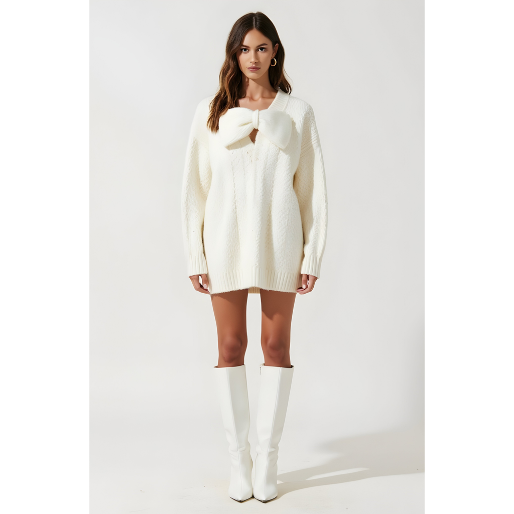 Modenaire Oversized Knit Sweater Dress With Statement Bow And Ribbed Trim In White