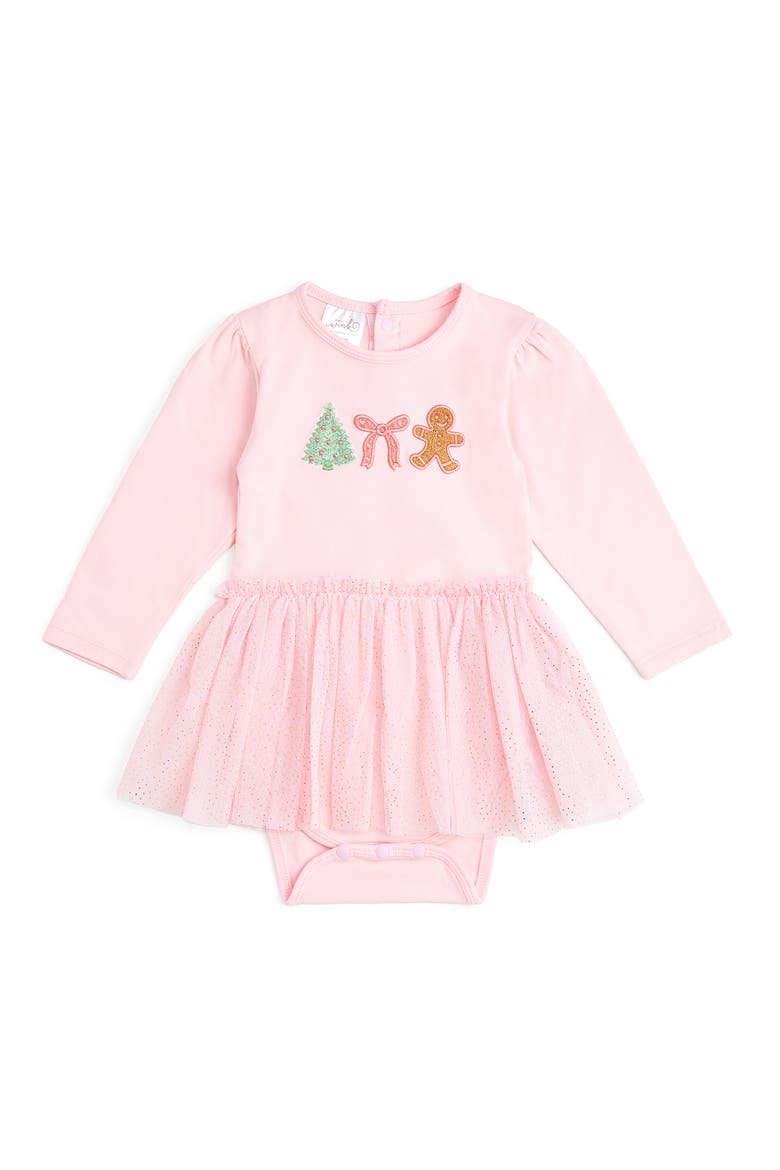Gingerbread Embroidered Christmas Long Sleeve Tutu Bodysuit, Main, color, Pink