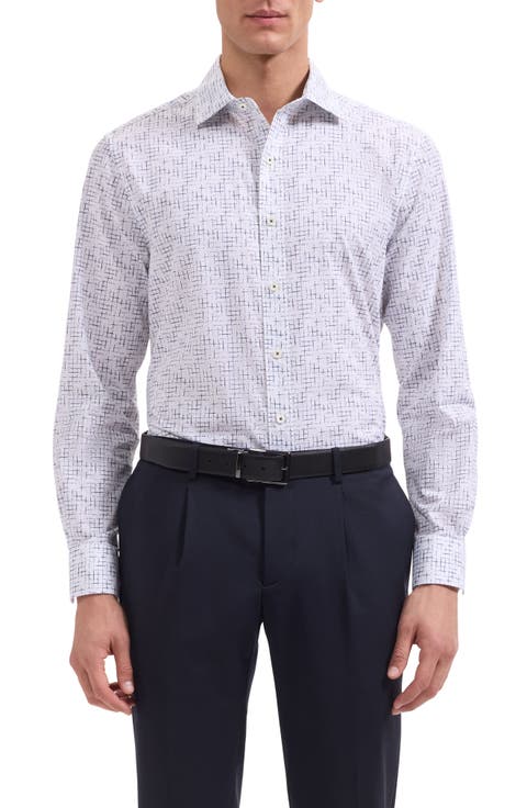 Axel Shaped Fit Crosshatch Print Cotton Button-Up Shirt