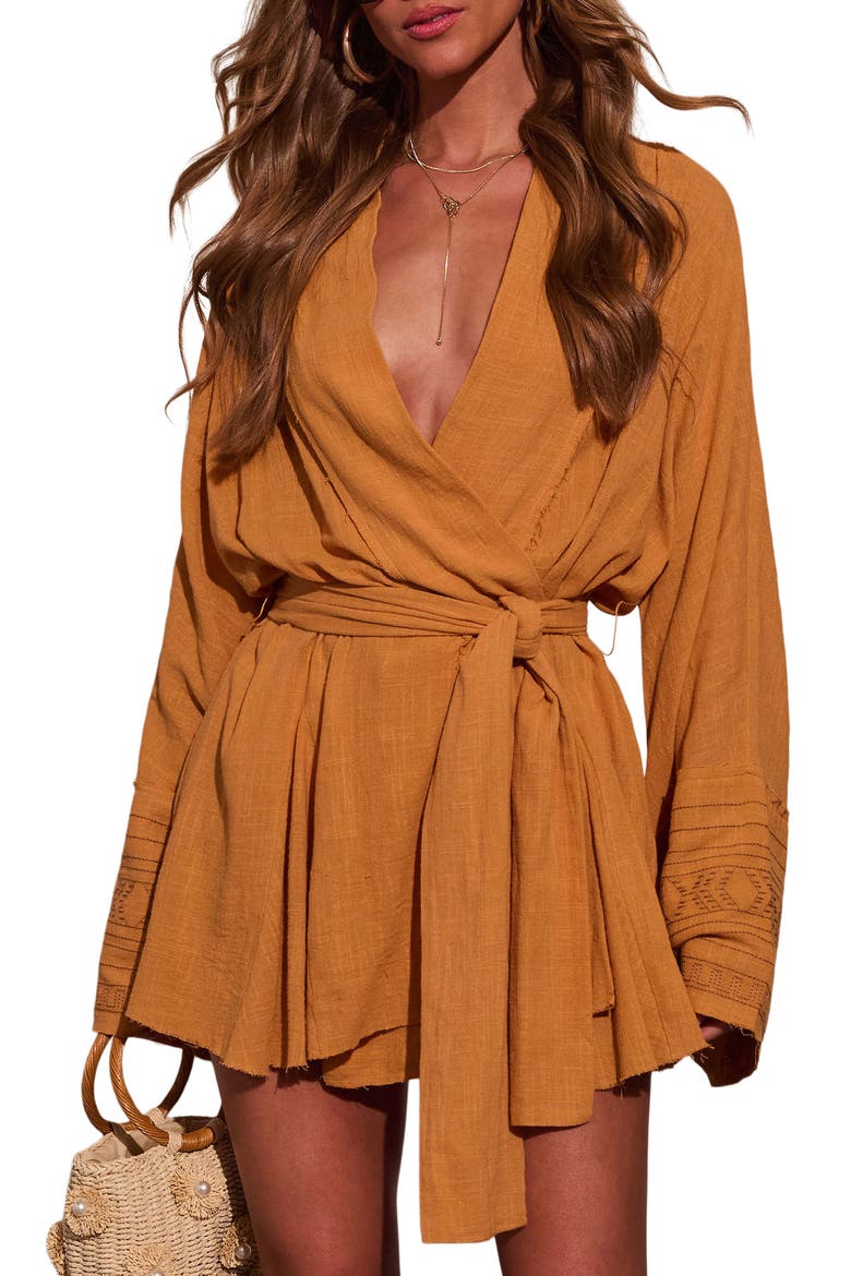 Monaco Mood Stretch Cotton Faux Wrap Top, Main, color, MUSTARD