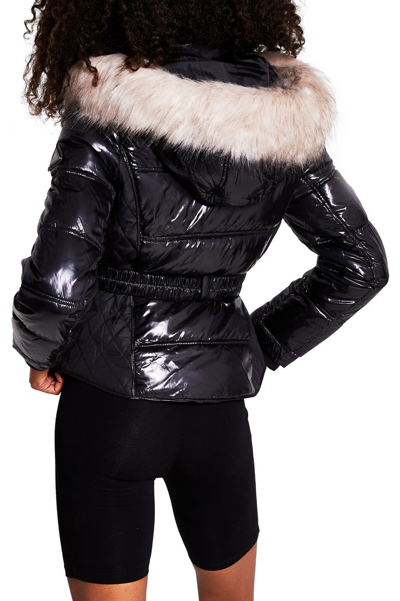 Hooded Puffer Jacket with Faux Fur Trim, Alternate, color, BLACK