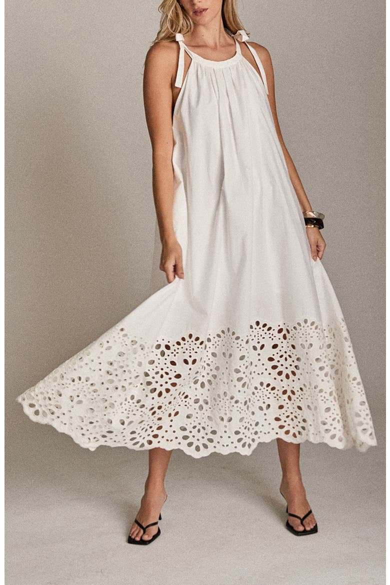 Eyelet Tie Strap Sleeveless Maxi Dress, Alternate, color, WHITE