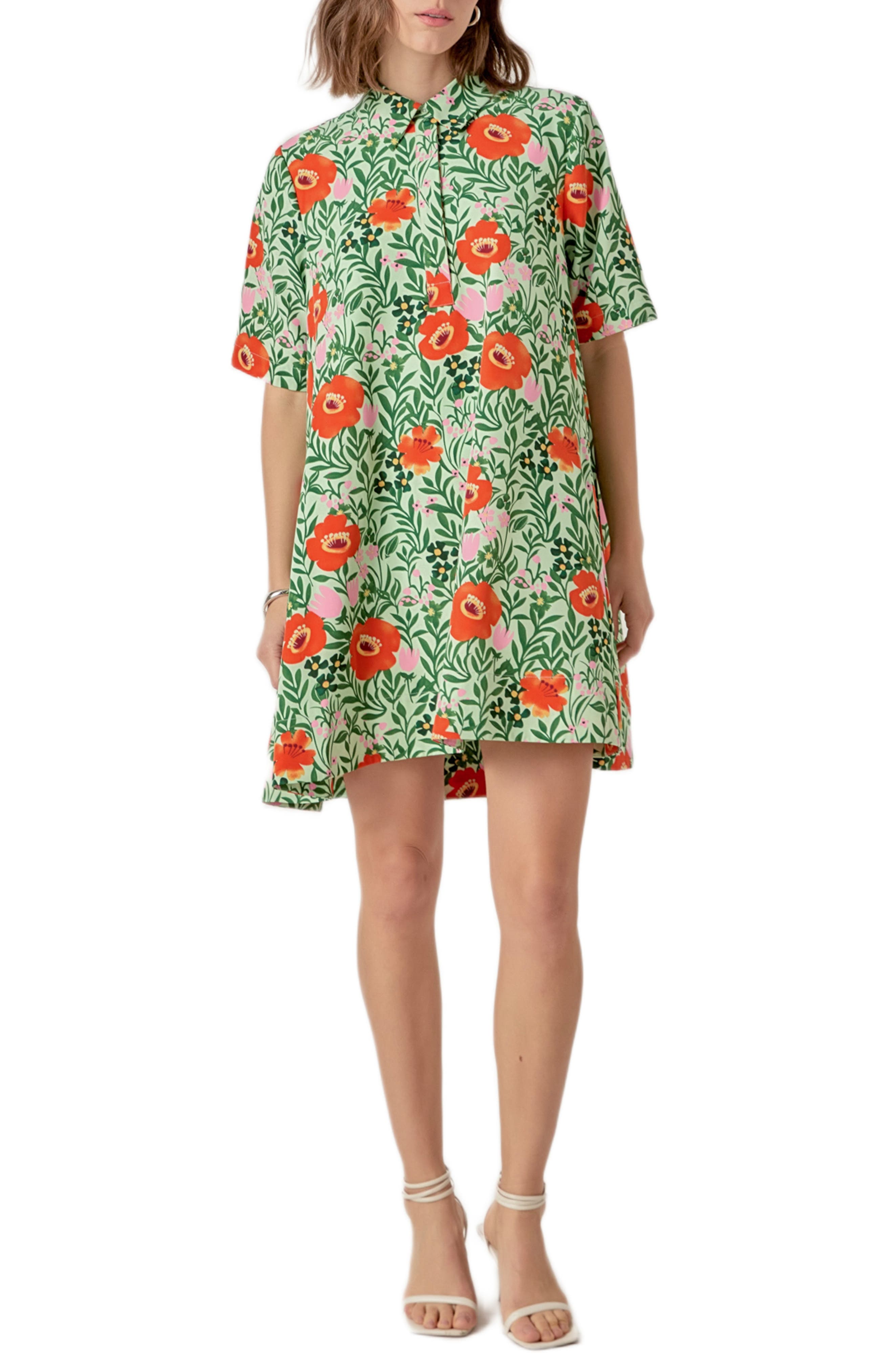 English Factory Floral Short Sleeve Cotton Shirtdress