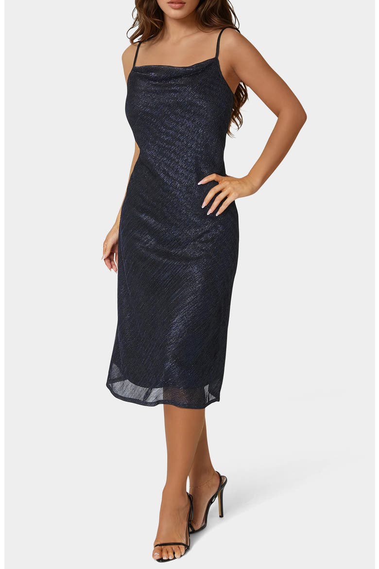 Cowl Neck Metallic Midi Slipdress, Alternate, color, NAVY