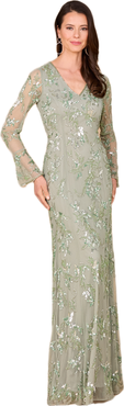 LARA New York Beaded Dress with Sheer Long Sleeves