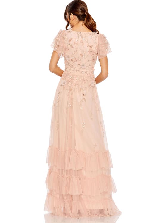 Mac Duggal Ruffle Tiered Embellished Faux Wrap Flutter Sleeve Dress In Blush