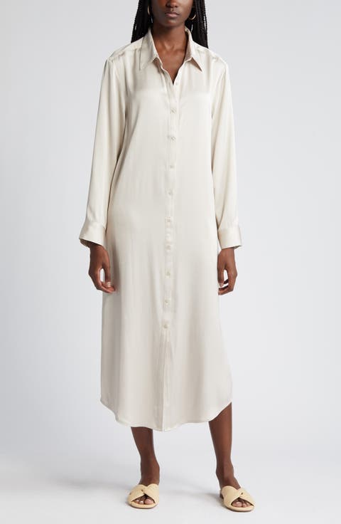 Long Sleeve Satin Midi Shirtdress