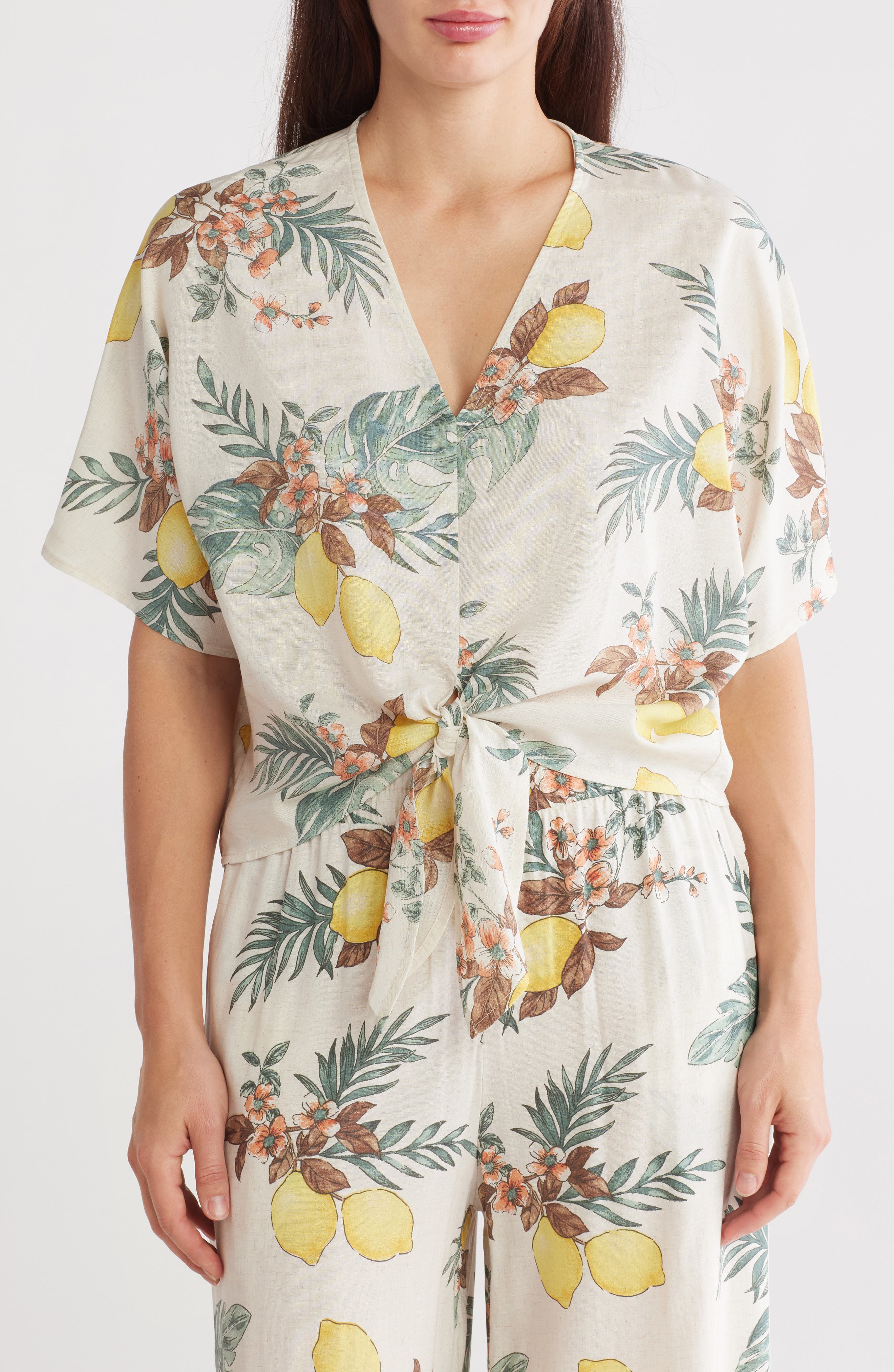 Renee C Tropical Print Short Sleeve Tie Front Top