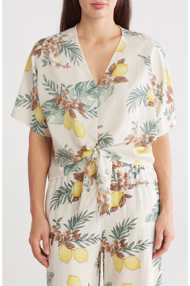 Tropical Print Short Sleeve Tie Front Top, Main, color, NATURAL