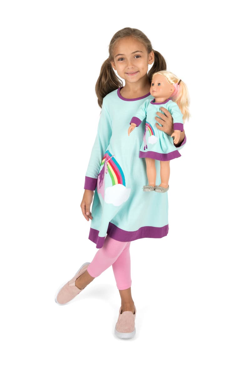 Girls Cotton Dress with Matching Doll Dress, Printed Design, Main, color, AQUA