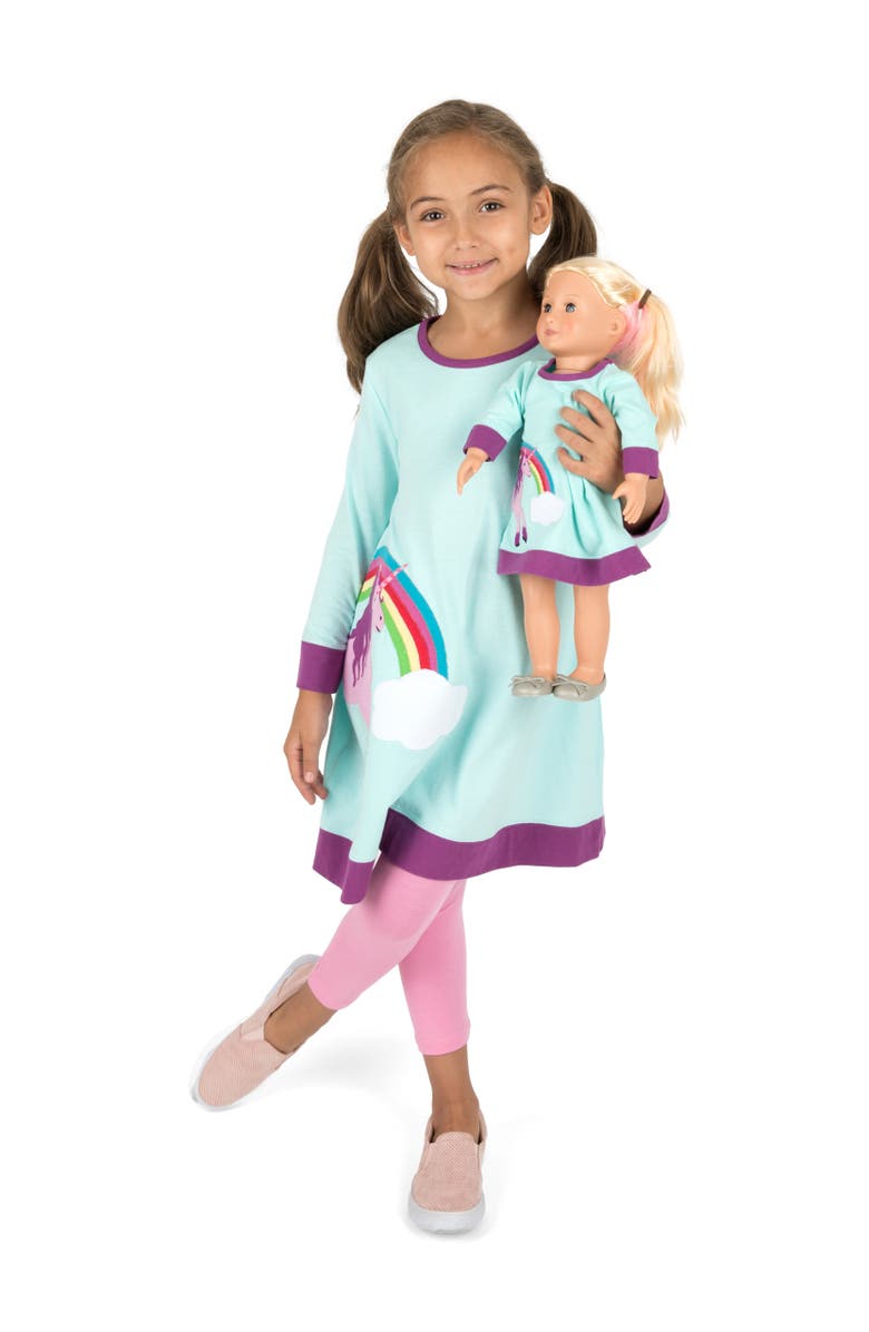 Leveret Girls Cotton Dress with Matching Doll Dress, Printed Design, Main, color, Aqua Unicorn