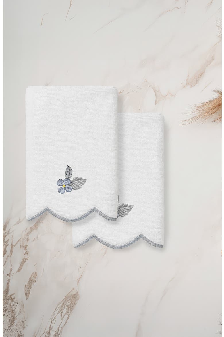 Flower Crest Embroidered Scallop 2-Piece Washcloth Set, Alternate, color, WHITE/ GRAY