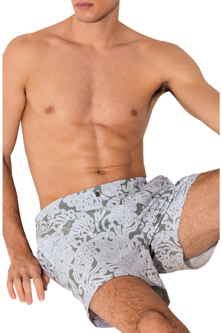 Fallow Floral Side Adjuster Swim Trunks, Alternate, color, SAGE GREEN