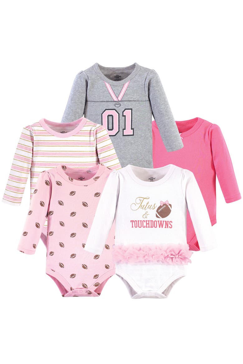 Essential 5-Pack Long-Sleeve Bodysuits, Main, color, Tutus Touchdowns