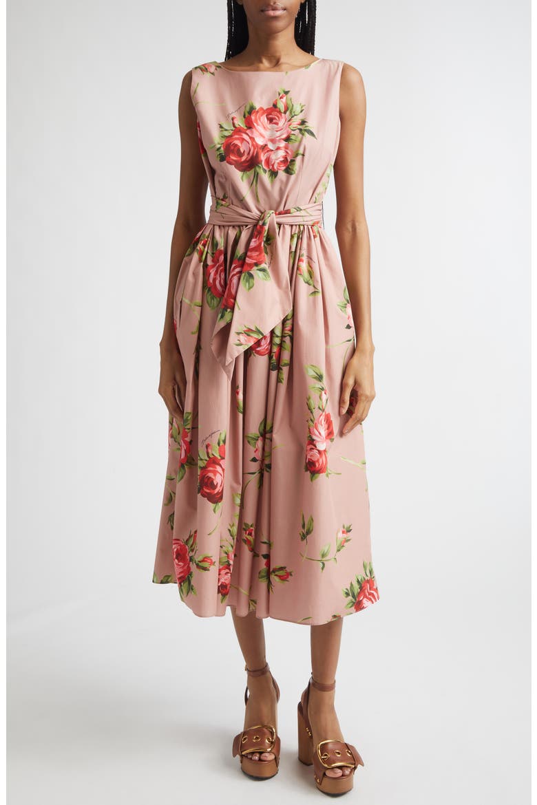 Rose Bouquet Print Gathered Cotton Poplin Dress, Main, color, BOUQUET ROSE F.ROSA