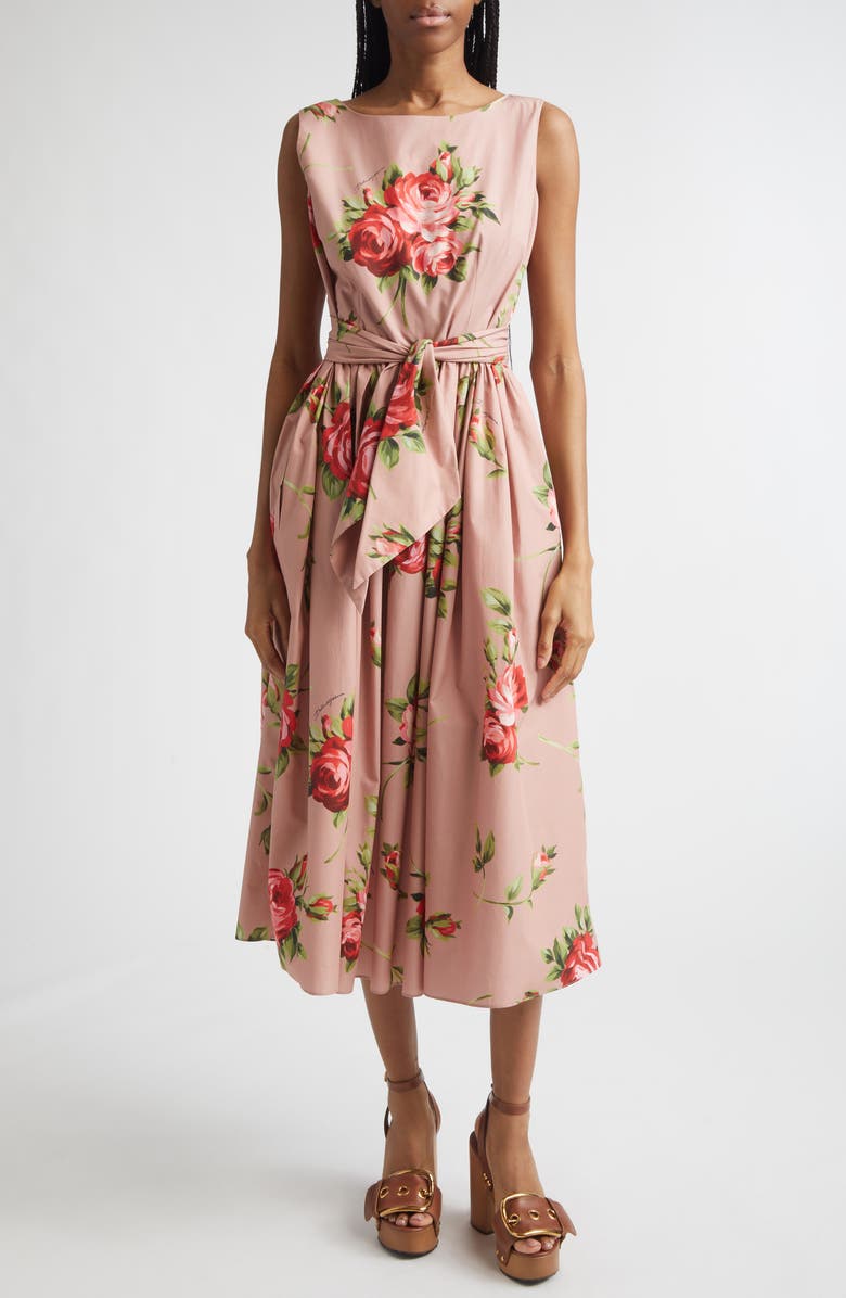 Dolce&Gabbana Rose Bouquet Print Gathered Cotton Poplin Dress, Main, color, Bouquet Rose F.rosa