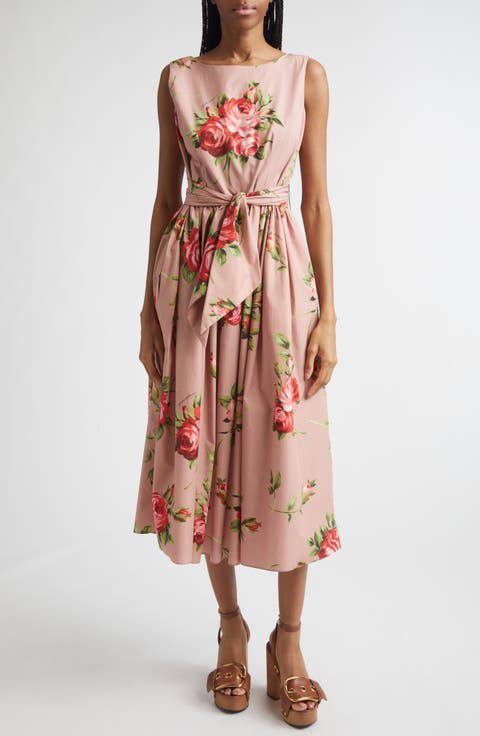 Rose Bouquet Print Gathered Cotton Poplin Dress