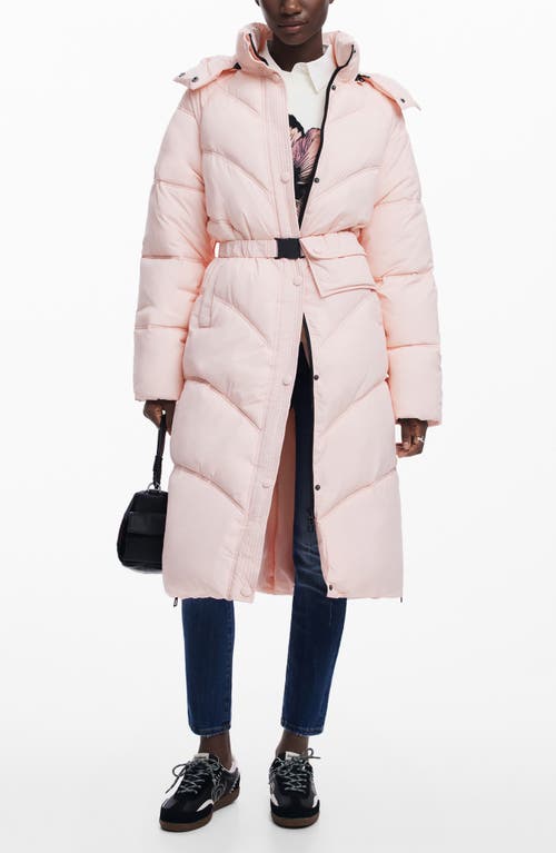 Desigual Hooded Quilted Puffer Longline Coat In Pink