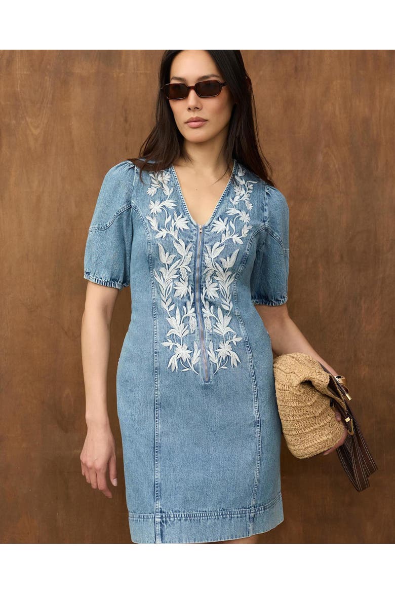 Embroidered Denim Mini Dress, Alternate, color, Blue