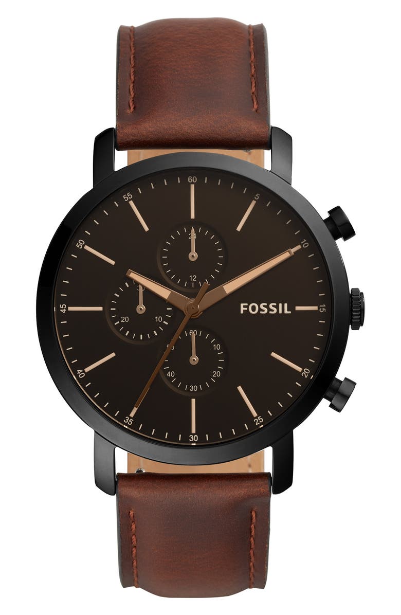 Fossil Luther Chronograph Leather Strap Watch, 44mm, Main, color, 