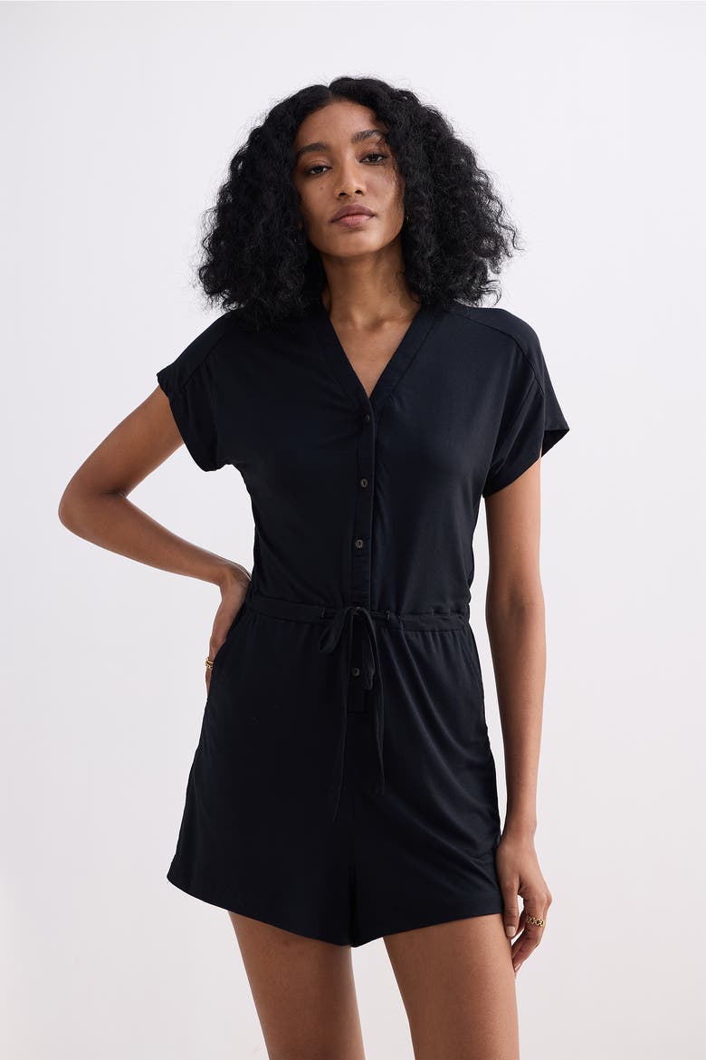V Neck Drawstring Knit Romper, Alternate, color, Black