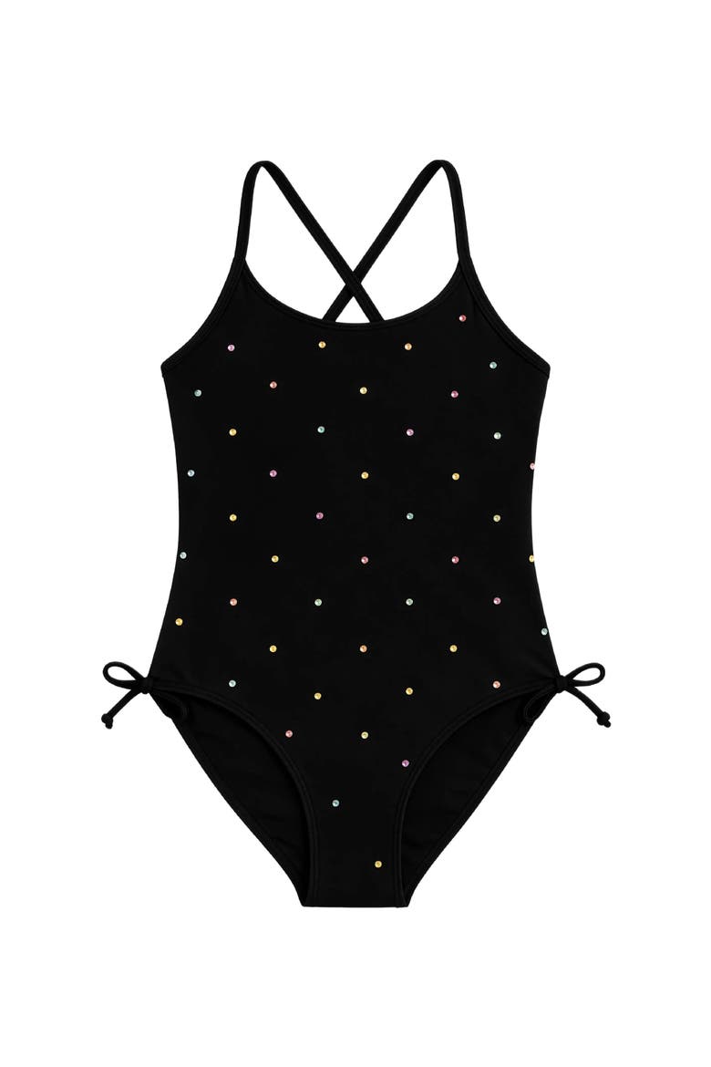 Gathered One Piece Swimsuit with Rhinestone Detail, Main, color, Black
