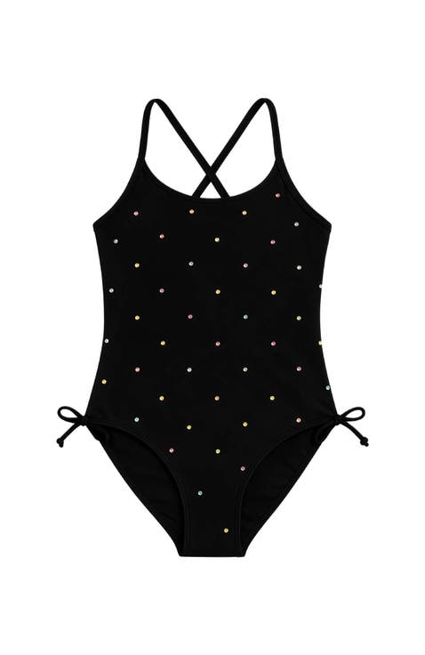 Gathered One Piece Swimsuit with Rhinestone Detail