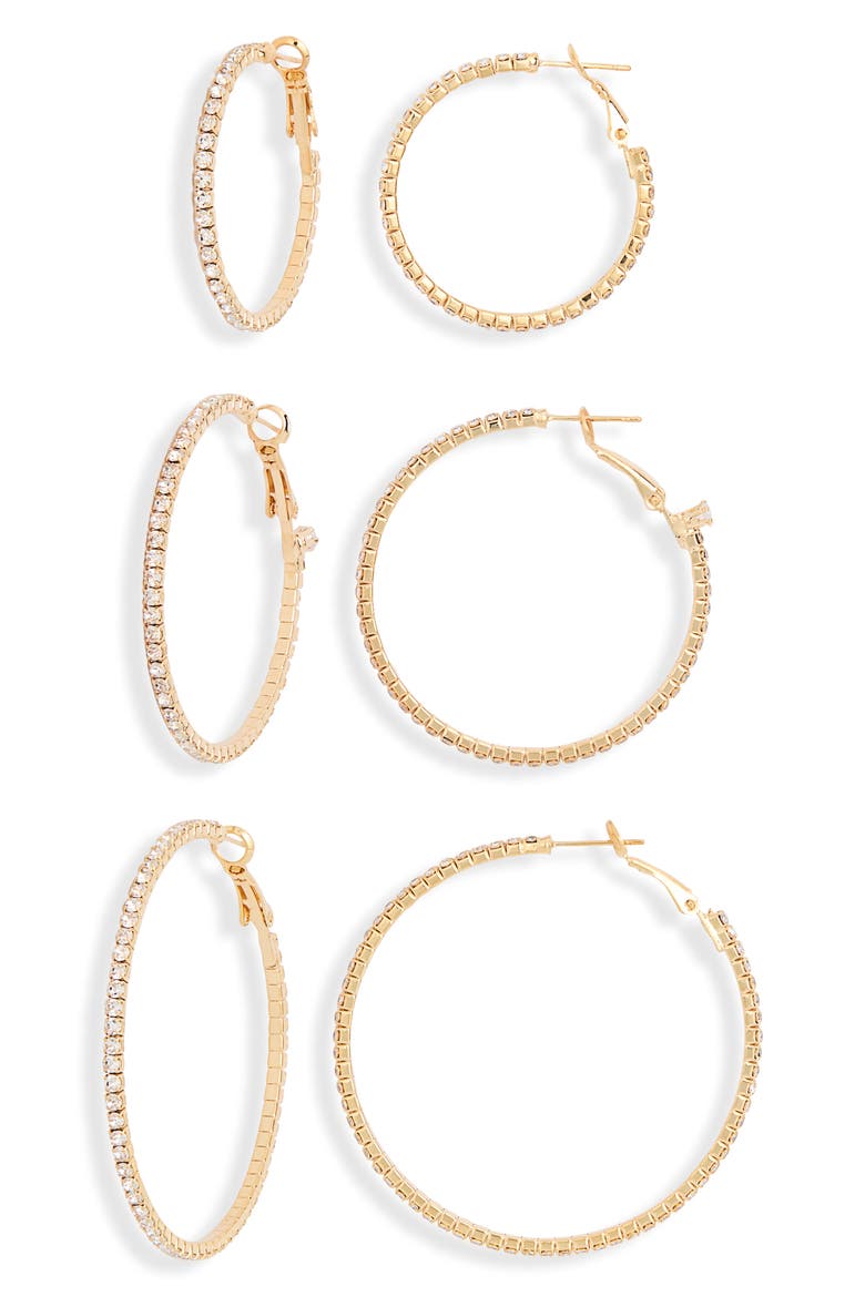3-Pack Pavé Crystal Hoop Earrings, Main, color, GOLD/ CRYSTAL